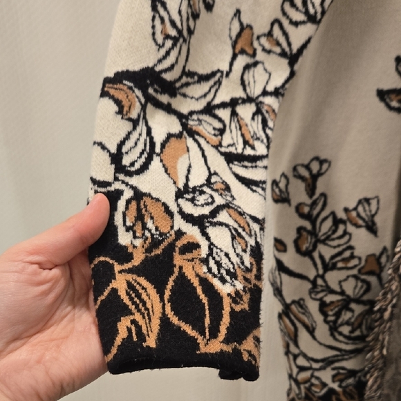 Chico's Elegant Cream and Brown Leaf And Floral Fringe Cardigan - Picture 3 of 5